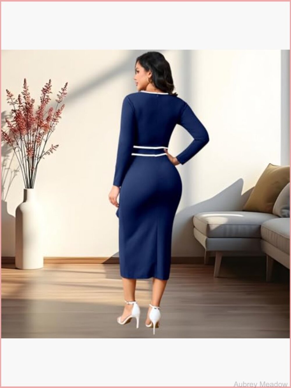 Elegant Vintage Bodycon Midi Dress Long Sleeve Pencil Work Church - Picture 2 of 7